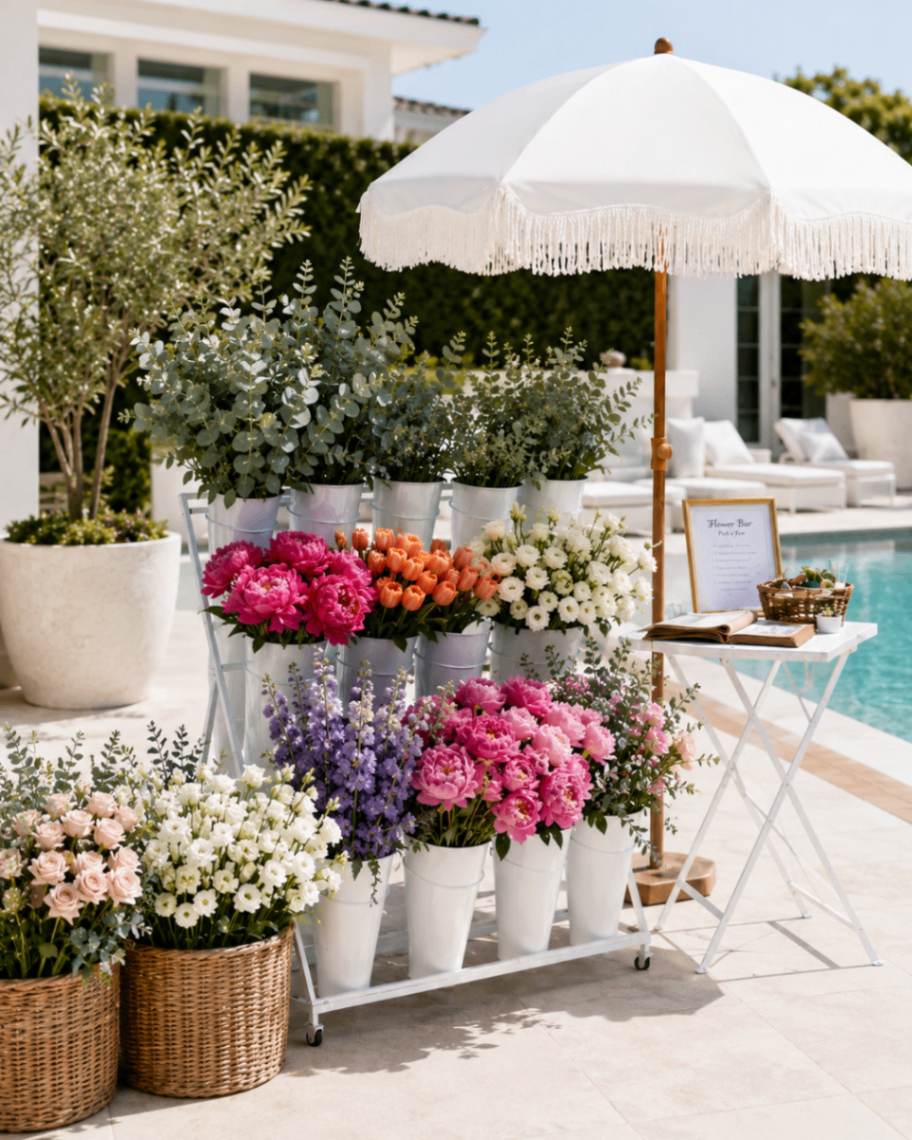 Flower cart experience with fresh floral assortments at a Miami event by The Kindred Gather